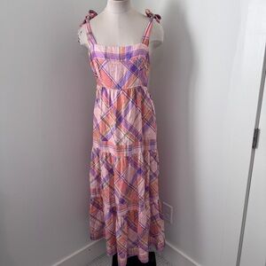 Anthropologie Kachel Medium Tie Strap Linen Maxi Dress ~ Pink Plaid Cottage